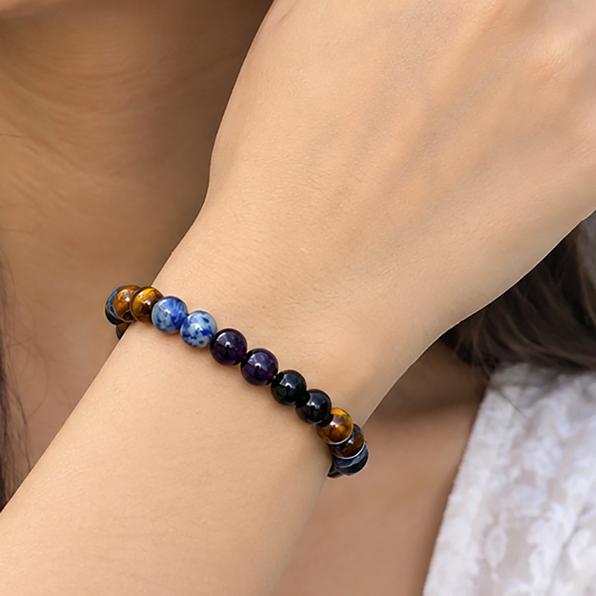 Natural Sodalite, Amethyst, Tiger Eye & Black Onyx Bracelet for Wisdom, Courage, Clarity & Protection Sagittarius Zodiac Bracelet BB1033