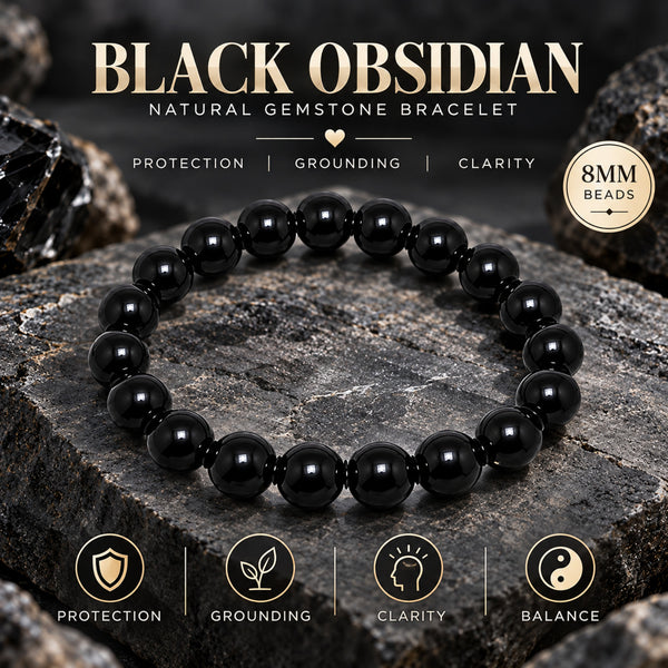 Natural Black Obsidian Bracelet for Protection, Grounding, Clarity & Balance BB1034