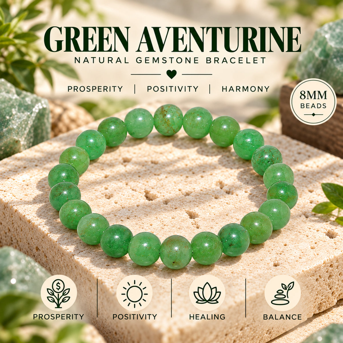 Natural Green Aventurine Bracelet for Prosperity, Luck, Positivity & Harmony BB1036