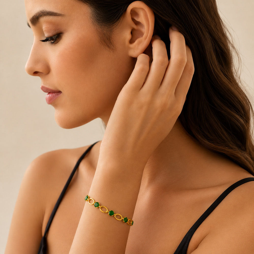 Premium 18K Gold Plated Green Onyx, Blue Topaz, Red Garnet, Purple Amethyst Stone Link Bracelet – Adjustable Fit BIB1002