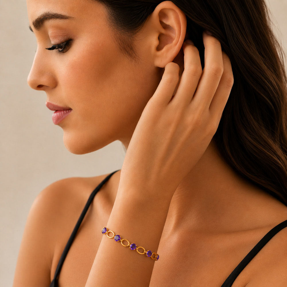 Premium 18K Gold Plated Green Onyx, Blue Topaz, Red Garnet, Purple Amethyst Stone Link Bracelet – Adjustable Fit BIB1002