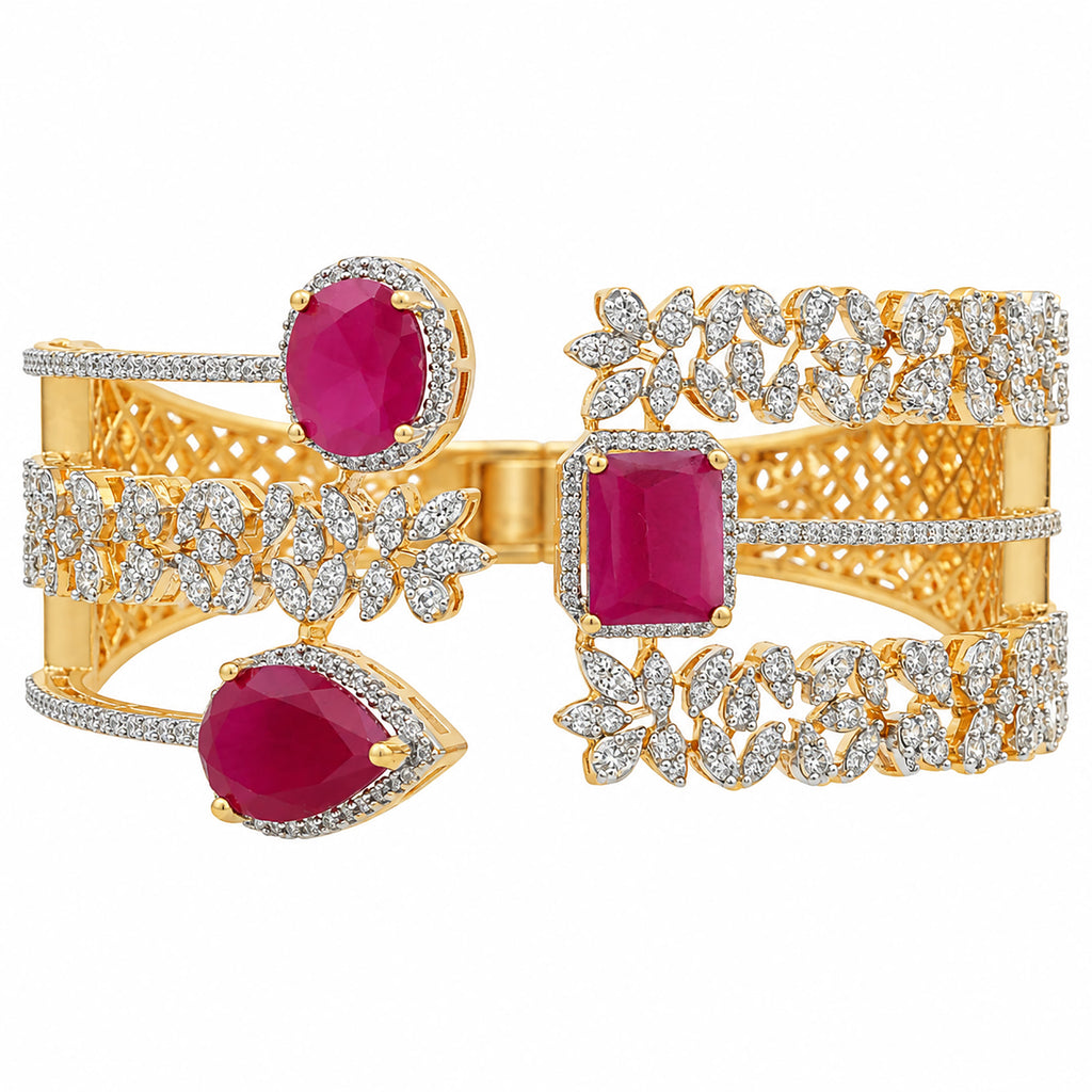 Gold Plated Ruby Red Stone & White CZ Studded Floral Designer Open Cuff Bangle Bracelet for Women & Girls BIB1005