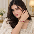 Gold Plated Ruby Red Stone & White CZ Studded Floral Designer Open Cuff Bangle Bracelet for Women & Girls BIB1005