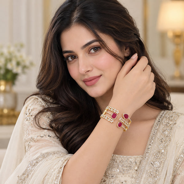 Gold Plated Ruby Red Stone & White CZ Studded Floral Designer Open Cuff Bangle Bracelet for Women & Girls BIB1005