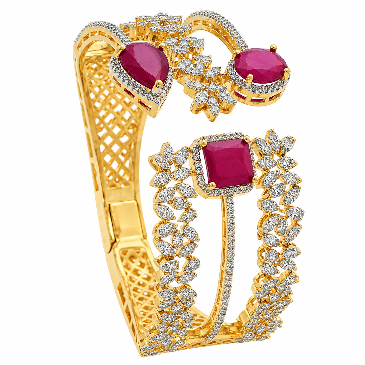 Gold Plated Ruby Red Stone & White CZ Studded Floral Designer Open Cuff Bangle Bracelet for Women & Girls BIB1005