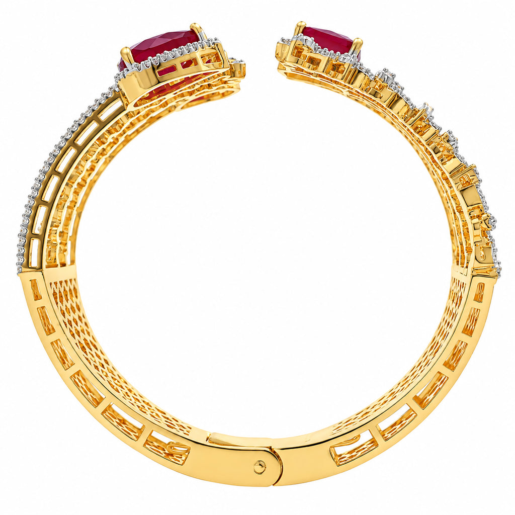 Gold Plated Ruby Red Stone & White CZ Studded Floral Designer Open Cuff Bangle Bracelet for Women & Girls BIB1005