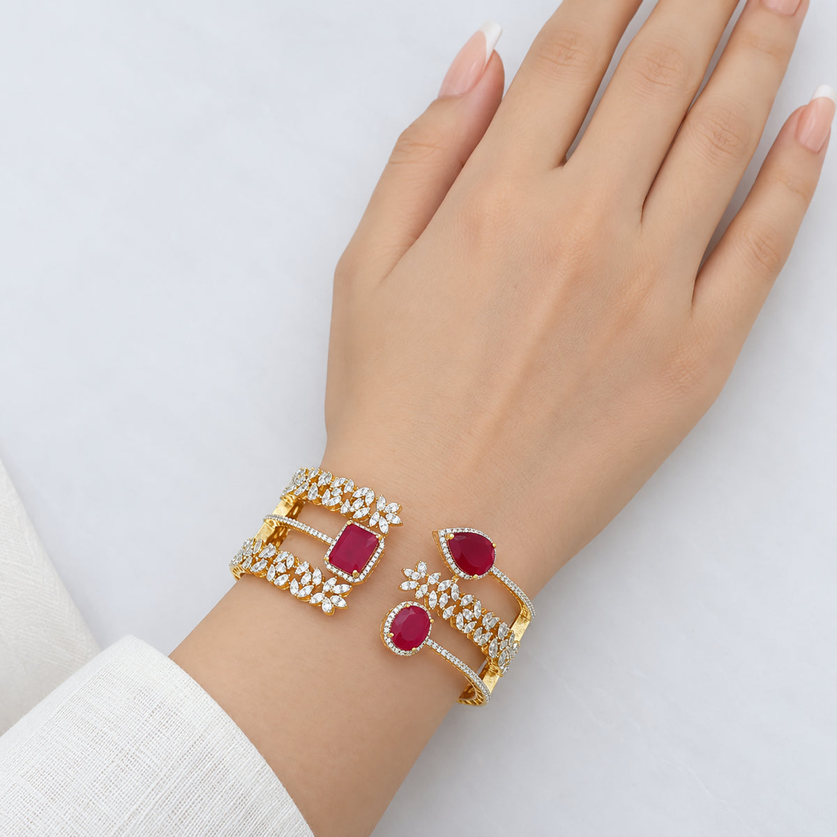 Gold Plated Ruby Red Stone & White CZ Studded Floral Designer Open Cuff Bangle Bracelet for Women & Girls BIB1005