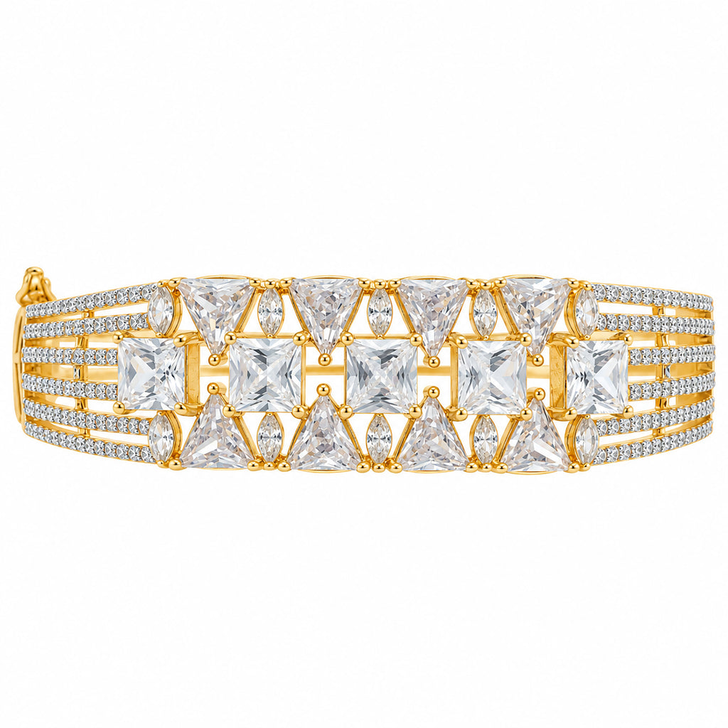 Gold Plated White AD Stone Studded Designer Bangle Bracelet with Square & Triangle Cut Stones for Women & Girls BIB1006