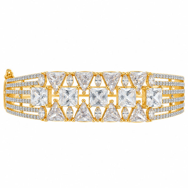 Gold Plated White AD Stone Studded Designer Bangle Bracelet with Square & Triangle Cut Stones for Women & Girls BIB1006