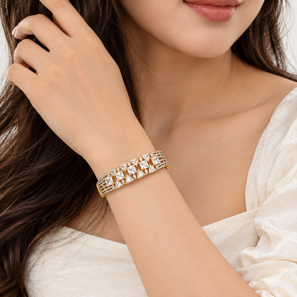 Gold Plated White AD Stone Studded Designer Bangle Bracelet with Square & Triangle Cut Stones for Women & Girls BIB1006