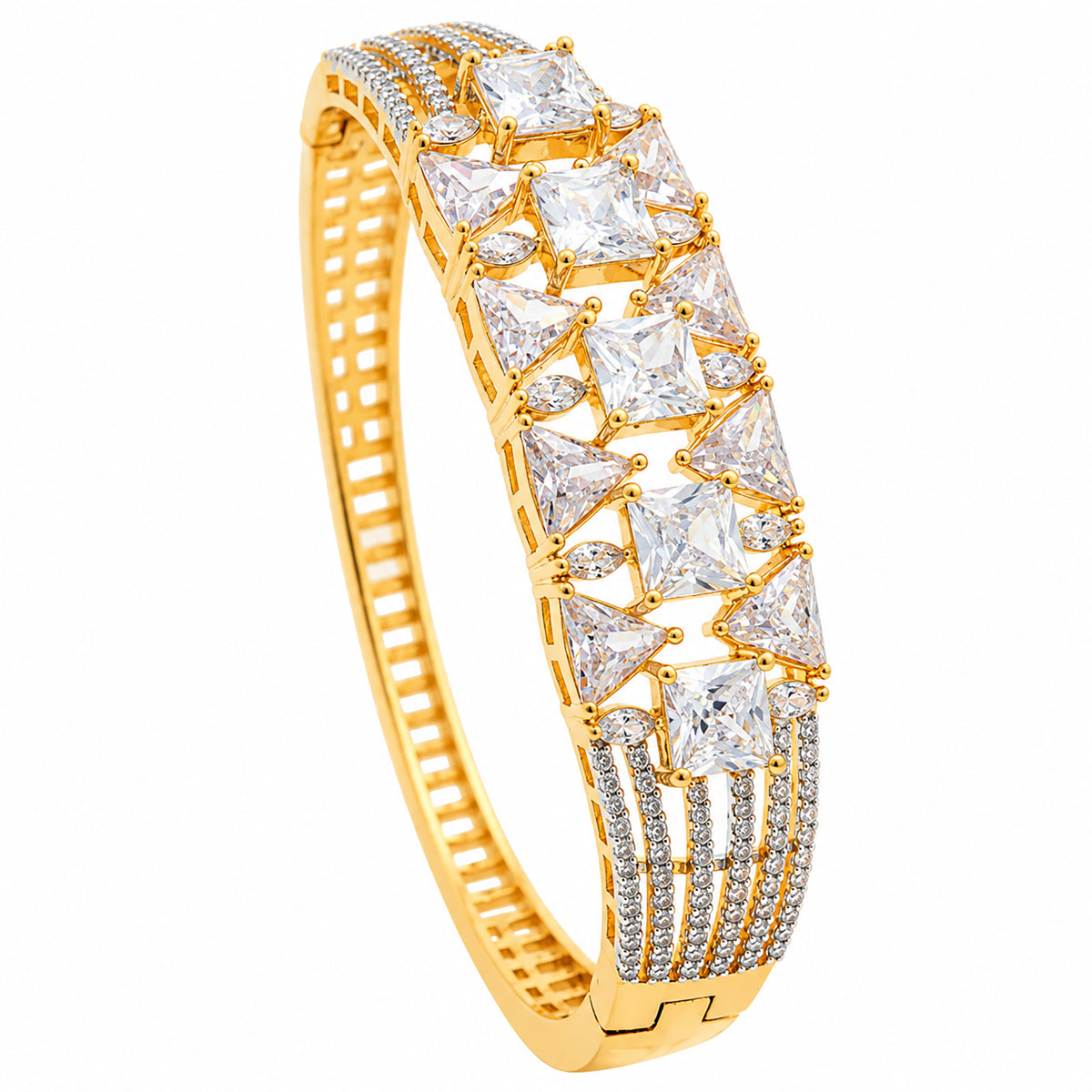 Gold Plated White AD Stone Studded Designer Bangle Bracelet with Square & Triangle Cut Stones for Women & Girls BIB1006