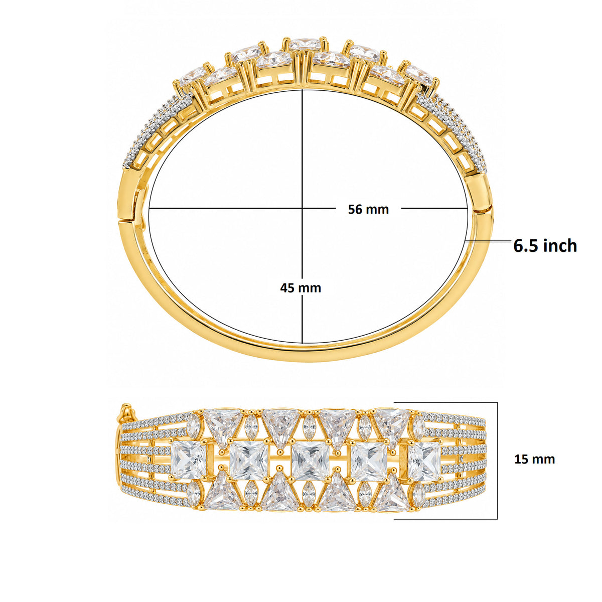 Gold Plated White AD Stone Studded Designer Bangle Bracelet with Square & Triangle Cut Stones for Women & Girls BIB1006