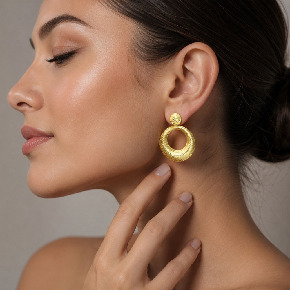 18K Gold Plated Textured Circular Statement Earrings for Women BIE1006