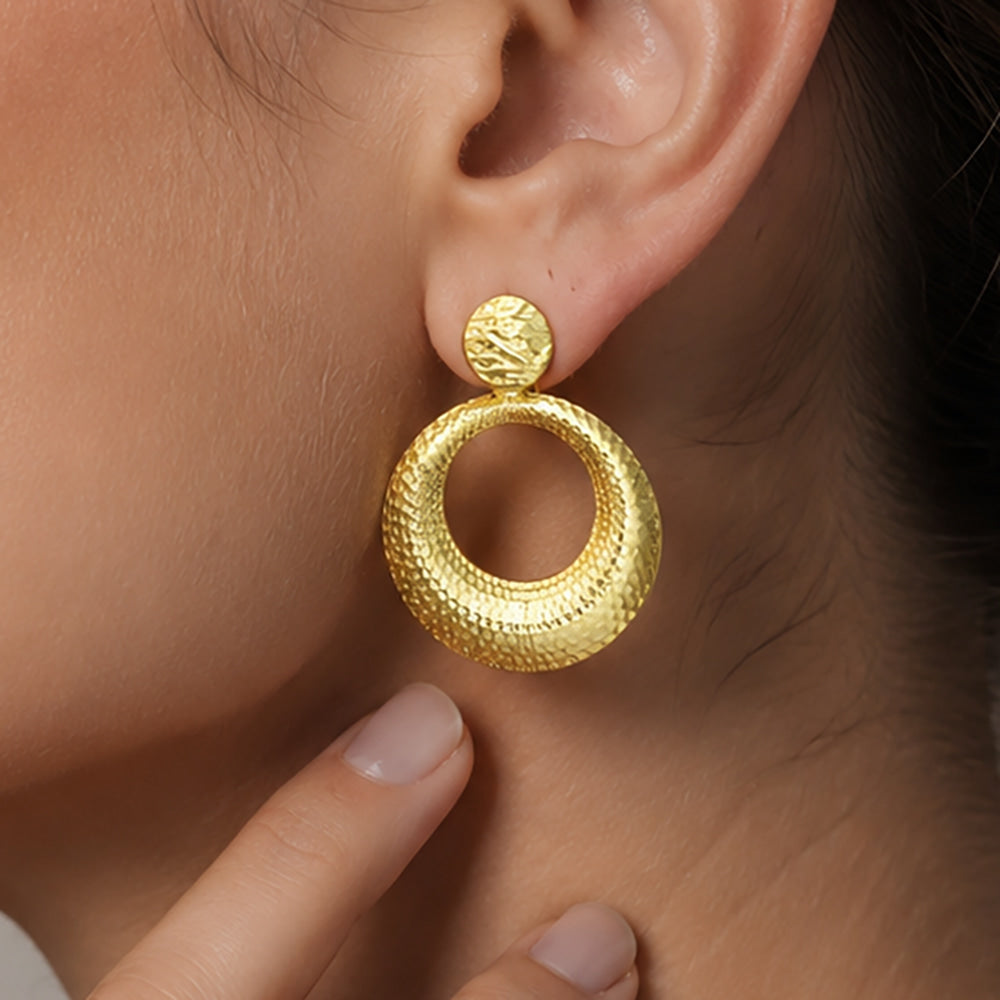 18K Gold Plated Textured Circular Statement Earrings for Women BIE1006