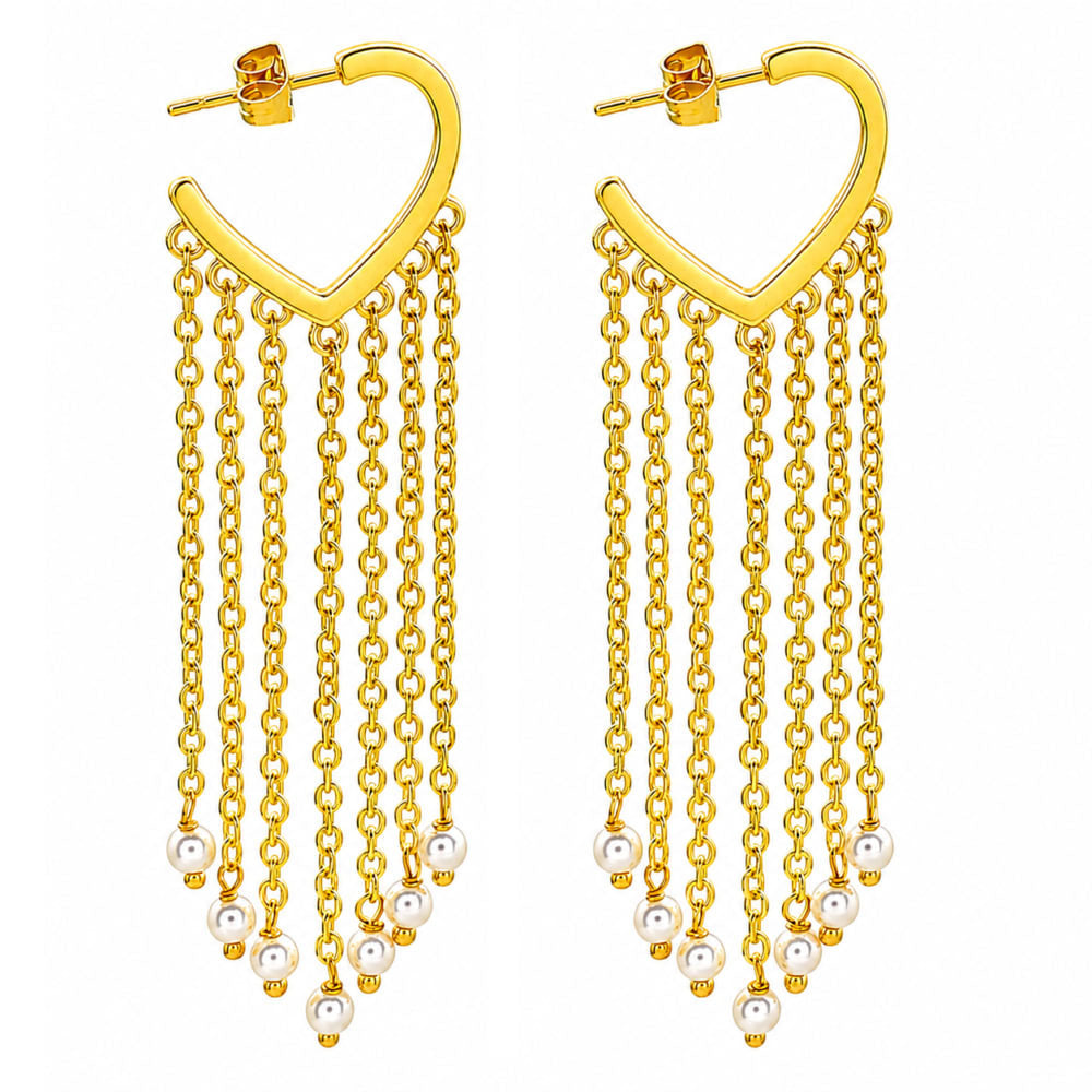 18K Gold Plated Heart Tassel Pearl Drop Long Chain Fringe Dangle Earrings BIE1007