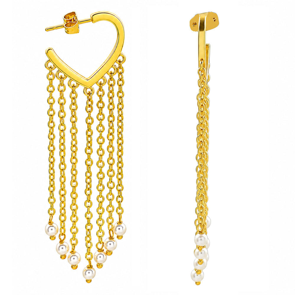 18K Gold Plated Heart Tassel Pearl Drop Long Chain Fringe Dangle Earrings BIE1007