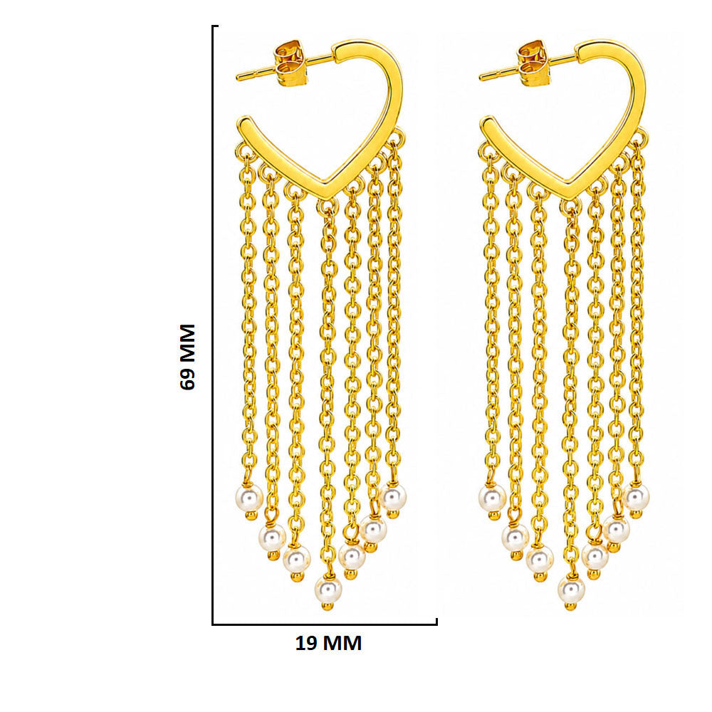18K Gold Plated Heart Tassel Pearl Drop Long Chain Fringe Dangle Earrings BIE1007