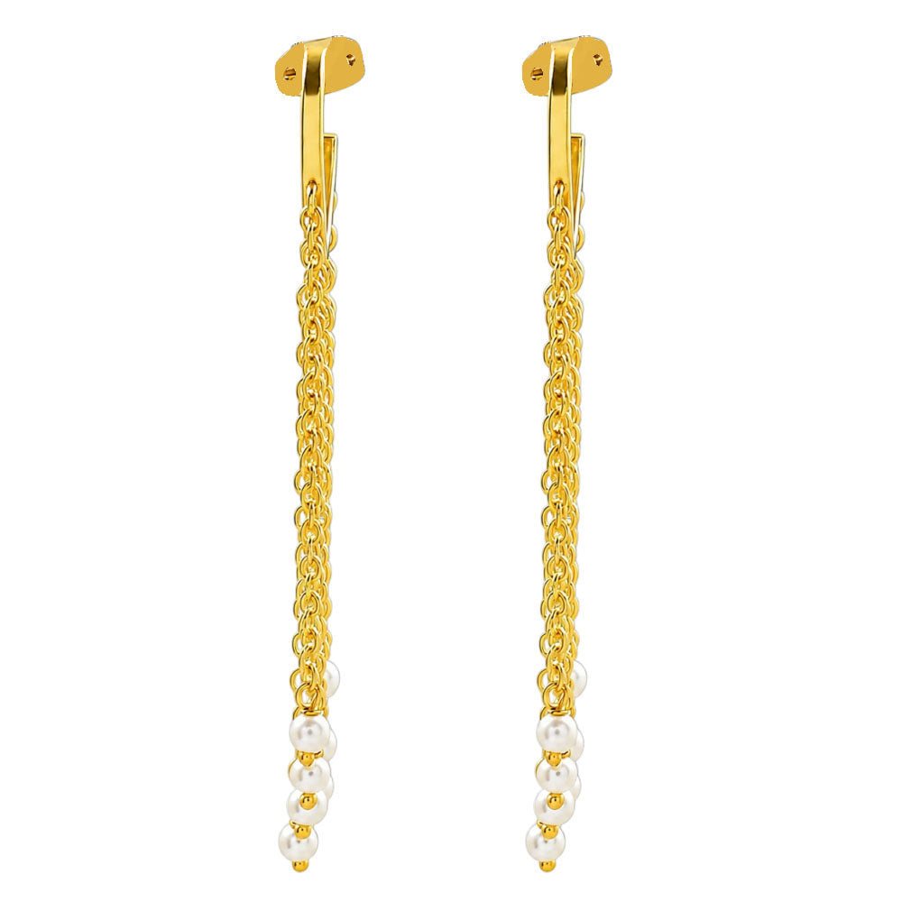 18K Gold Plated Heart Tassel Pearl Drop Long Chain Fringe Dangle Earrings BIE1007