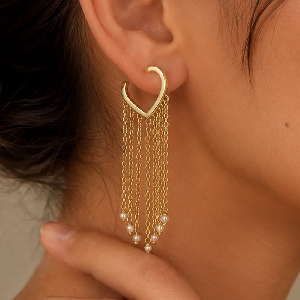 18K Gold Plated Heart Tassel Pearl Drop Long Chain Fringe Dangle Earrings BIE1007
