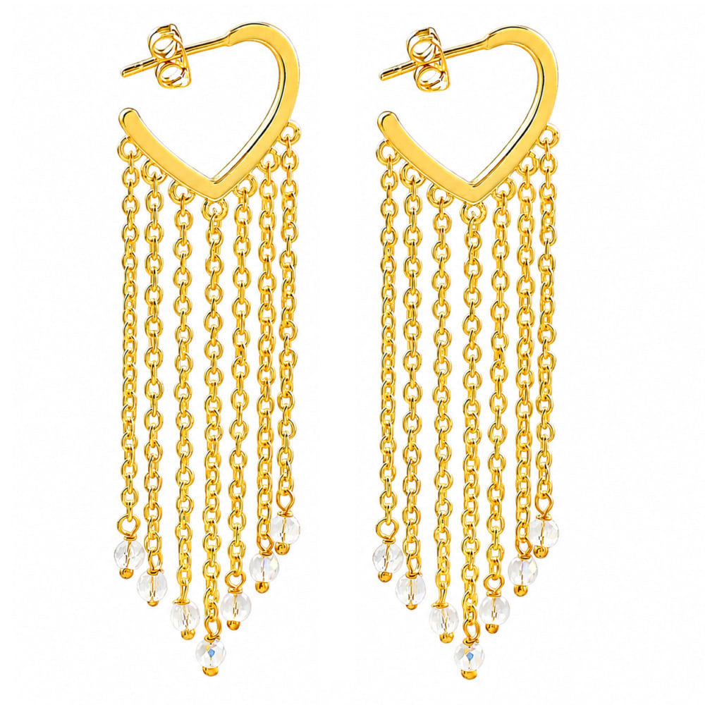 18K Gold Plated Heart Tassel Pearl Drop Long Chain Fringe Dangle Earrings BIE1007