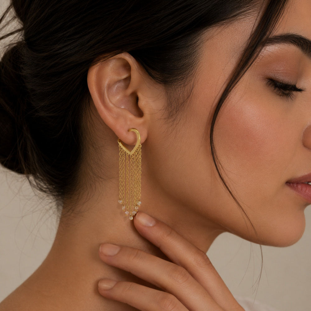 18K Gold Plated Heart Tassel Pearl Drop Long Chain Fringe Dangle Earrings BIE1007
