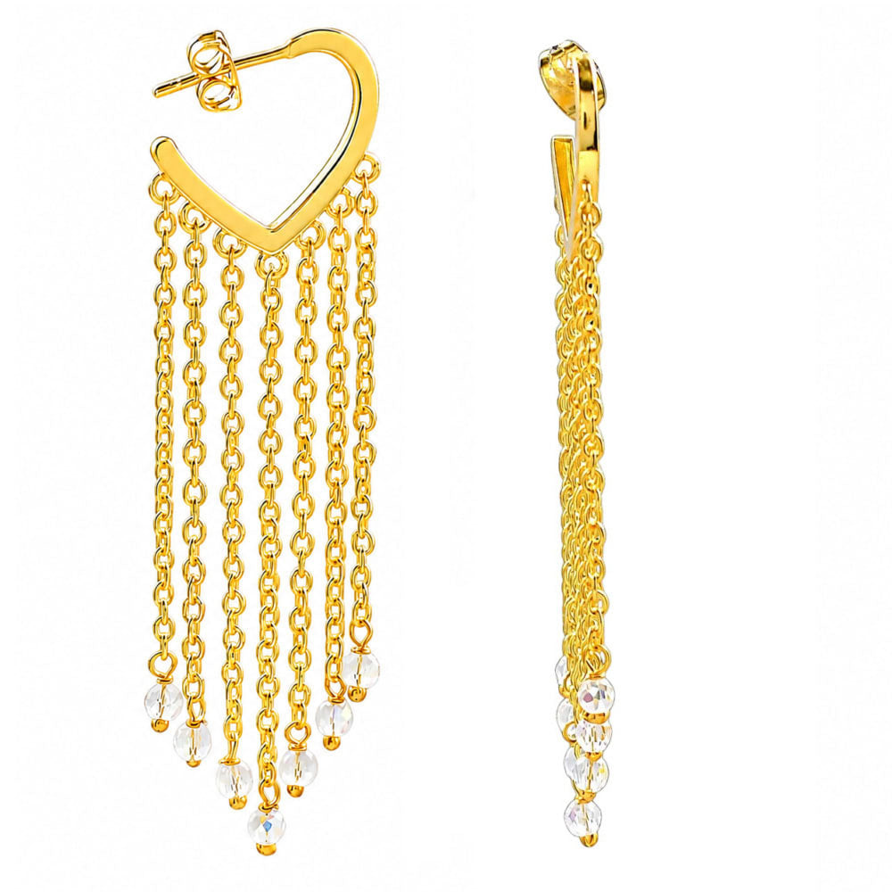 18K Gold Plated Heart Tassel Pearl Drop Long Chain Fringe Dangle Earrings BIE1007