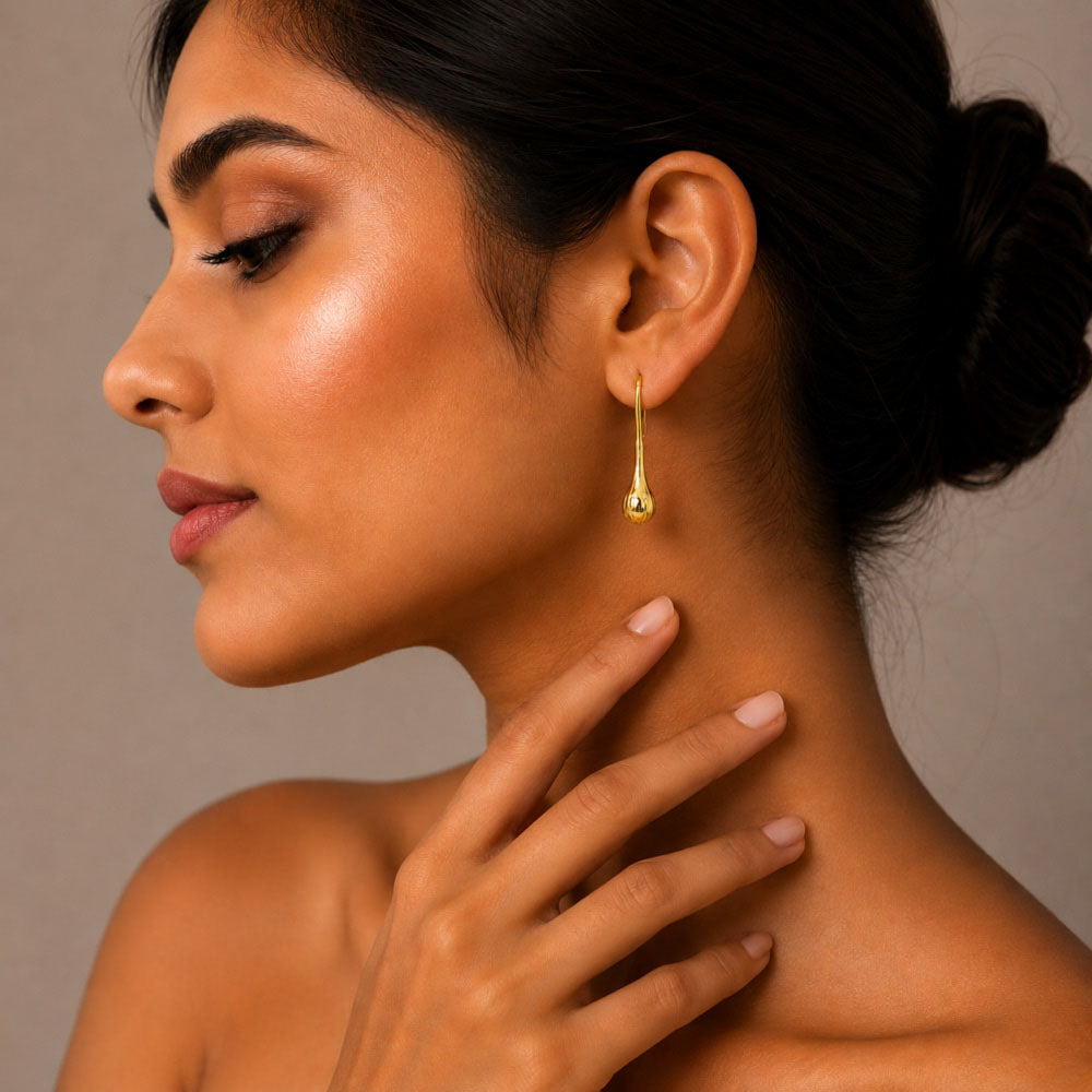 18K Gold Plated Ribbed Teardrop Hook Party Wear Earrings for Women BIE1012