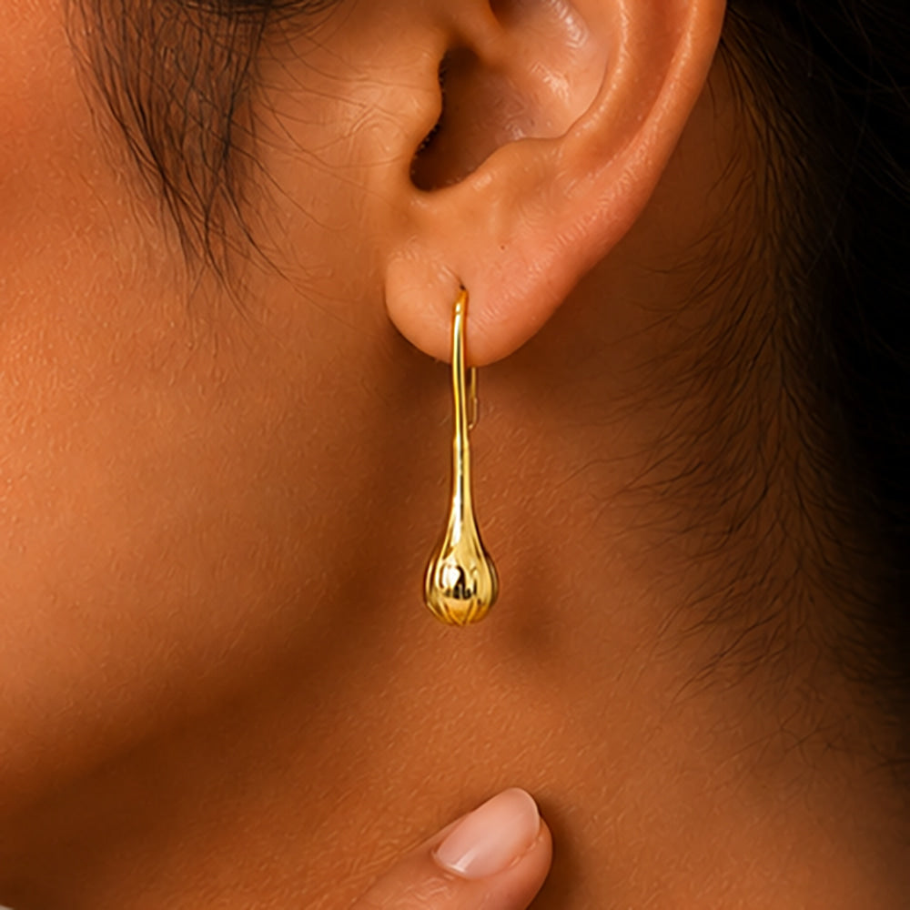 18K Gold Plated Ribbed Teardrop Hook Party Wear Earrings for Women BIE1012