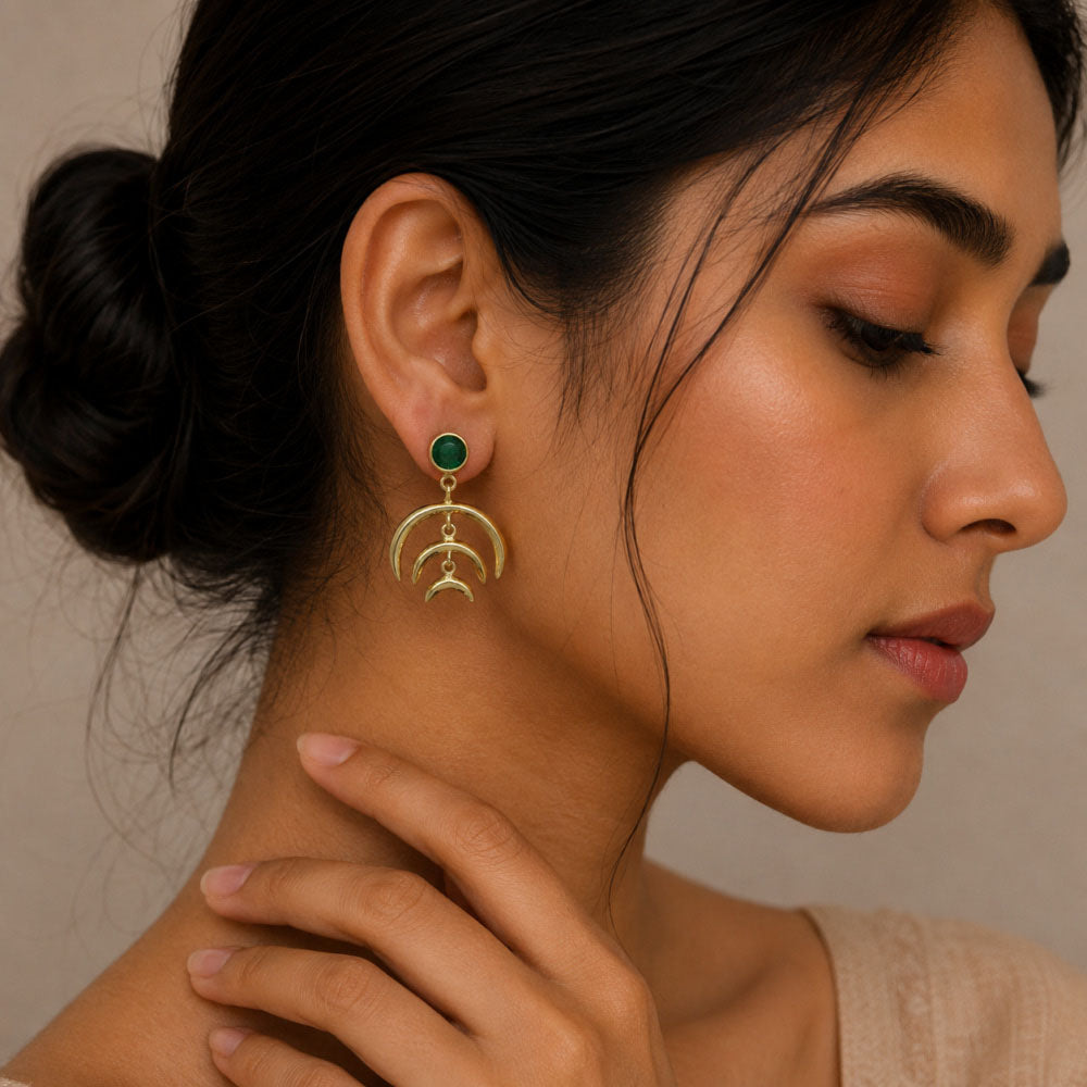 Designer 18K Gold Plated White Zircon, Green Onyx, Garnet Stone Statement Earrings for Women & Girls BIE1015