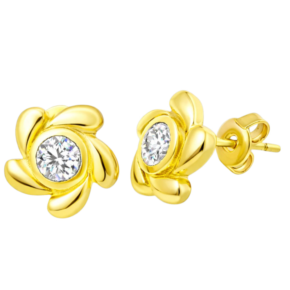 Designer 18K Gold Plated White Zircon, Green Onyx, Red Garnet Flower Stud Earrings for Women & Girls BIE1016