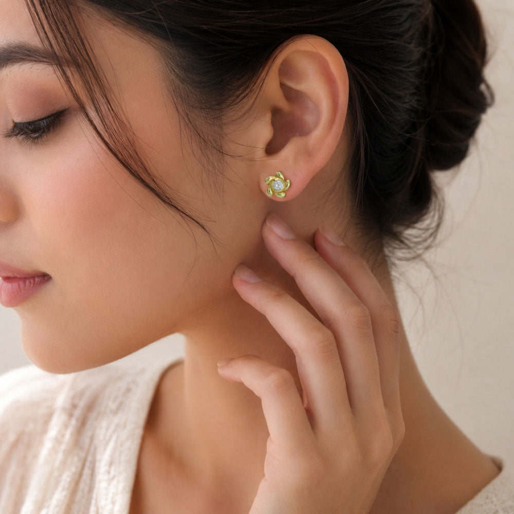 Designer 18K Gold Plated White Zircon, Green Onyx, Red Garnet Flower Stud Earrings for Women & Girls BIE1016