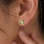 Designer 18K Gold Plated White Zircon, Green Onyx, Red Garnet Flower Stud Earrings for Women & Girls BIE1016