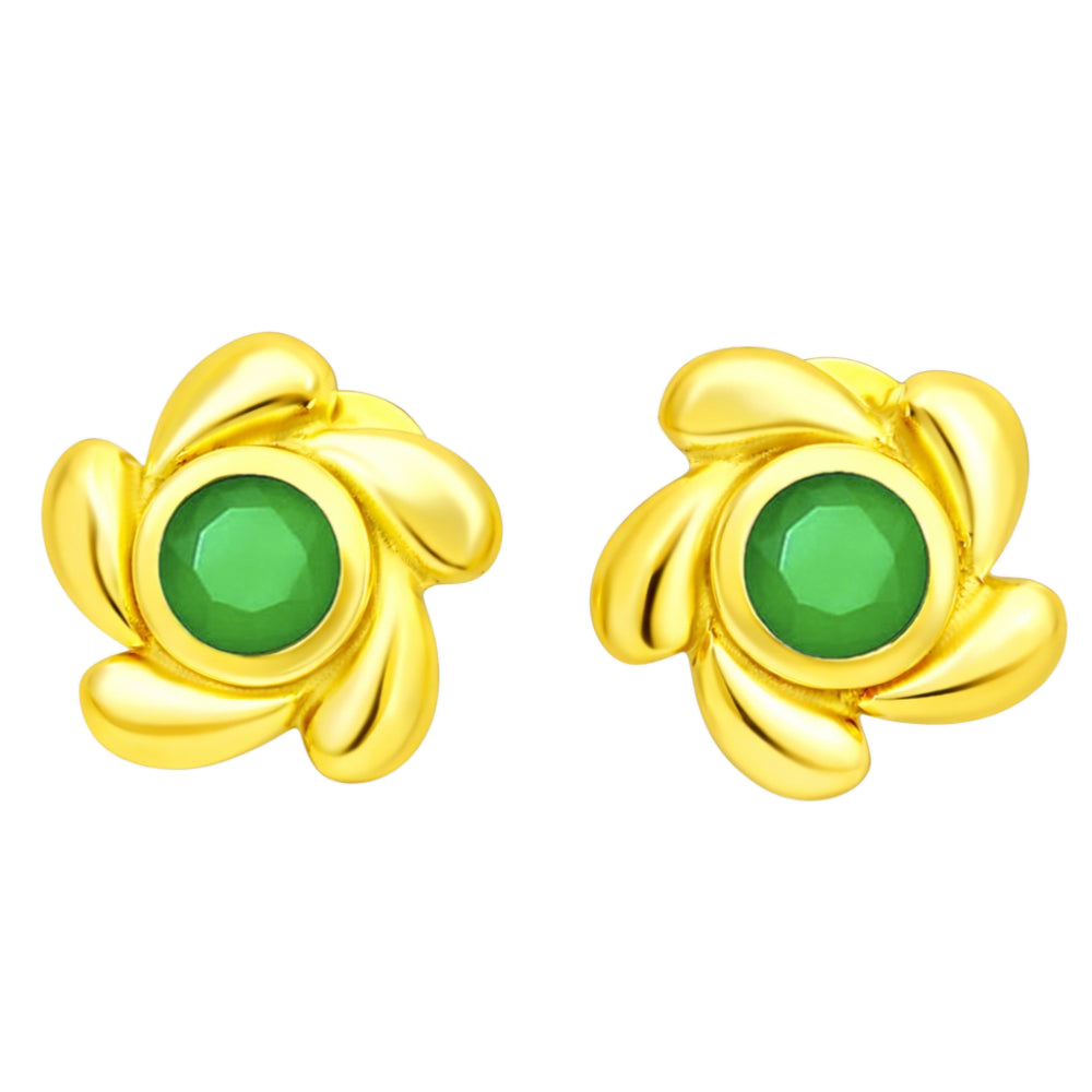 Designer 18K Gold Plated White Zircon, Green Onyx, Red Garnet Flower Stud Earrings for Women & Girls BIE1016