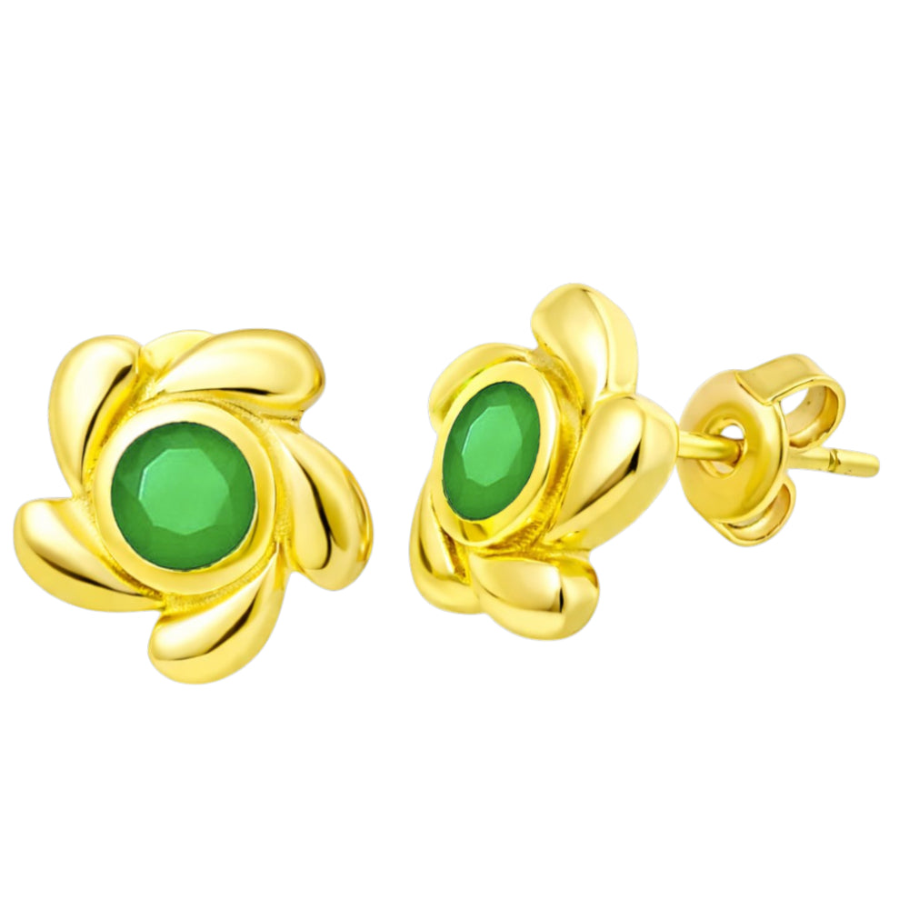 Designer 18K Gold Plated White Zircon, Green Onyx, Red Garnet Flower Stud Earrings for Women & Girls BIE1016