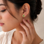 Designer 18K Gold Plated White Zircon, Green Onyx, Red Garnet Flower Stud Earrings for Women & Girls BIE1016