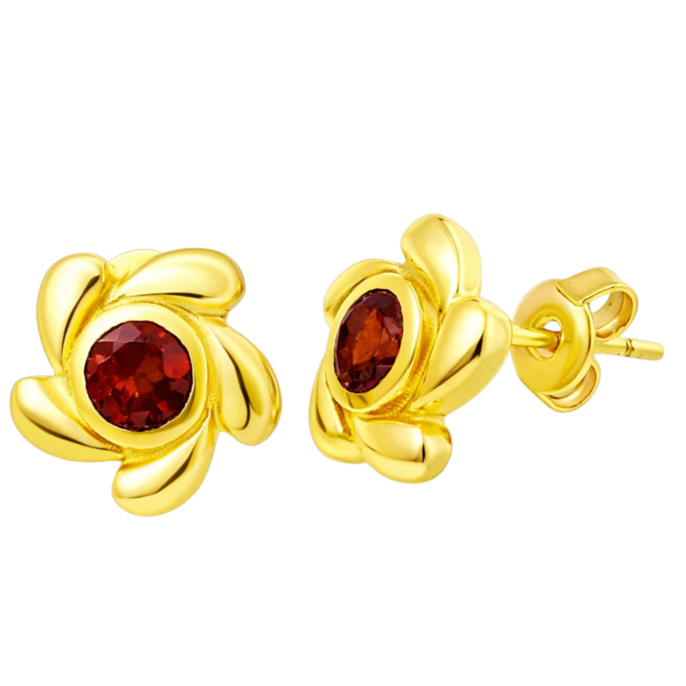 Designer 18K Gold Plated White Zircon, Green Onyx, Red Garnet Flower Stud Earrings for Women & Girls BIE1016