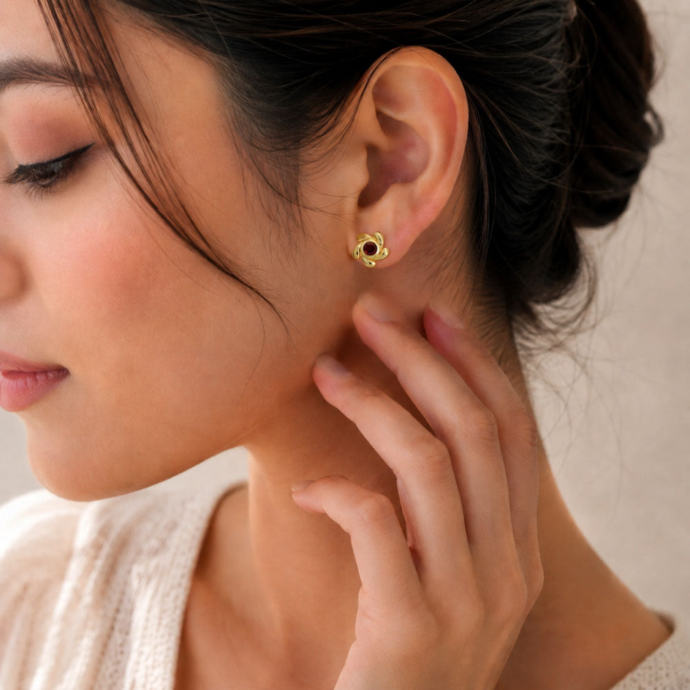 Designer 18K Gold Plated White Zircon, Green Onyx, Red Garnet Flower Stud Earrings for Women & Girls BIE1016