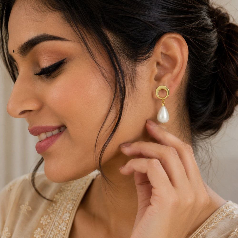 Designer 18K Gold Plated Crystal and Pearl Dangle Earrings for Women & Girls BIE1017