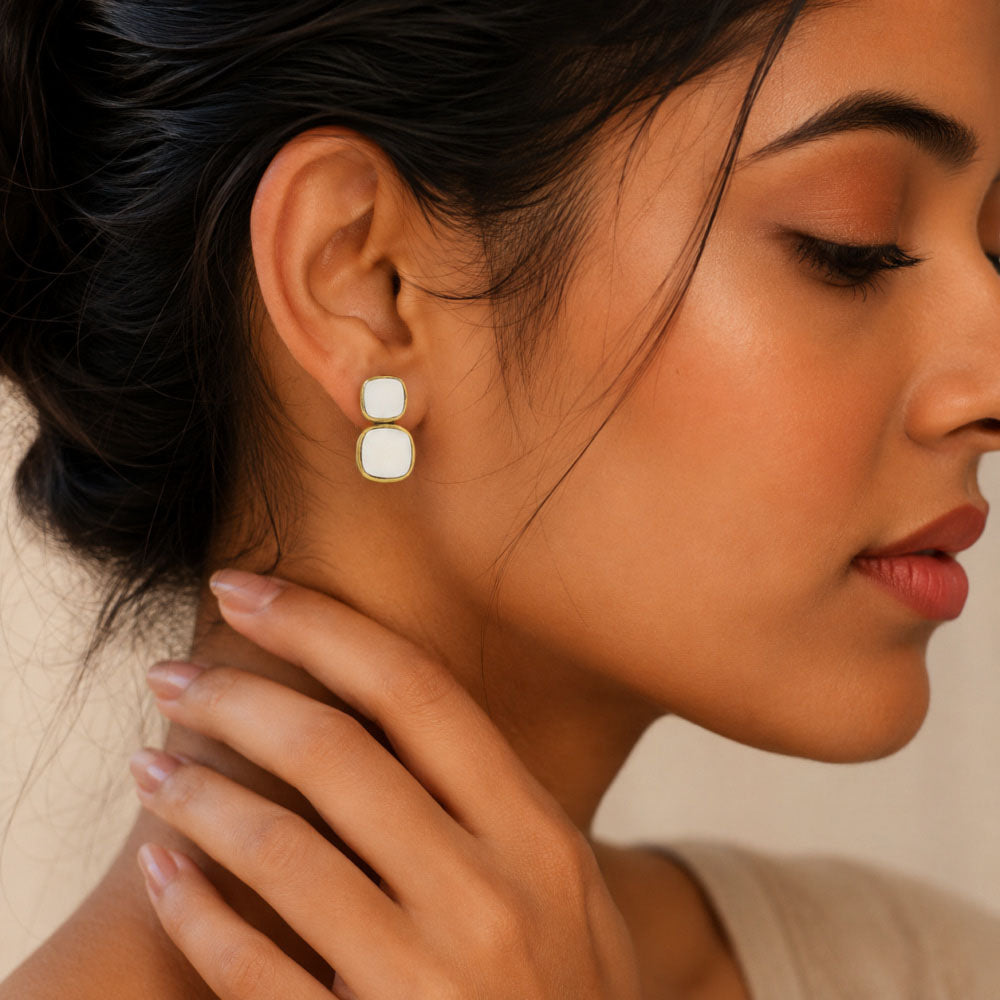 Stylish 18K Gold Plated Milky Quartz, Pearl, Green Onyx Stone Statement Earrings for Women & Girls BIE1018