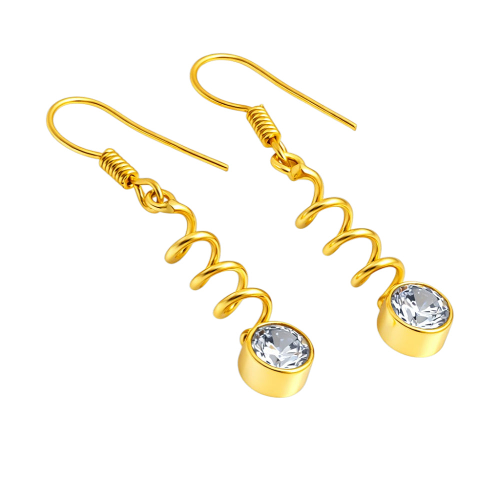 Premium 18K Gold Plated Spiral Wave White Zircon, Green Onyx, Red Garnet Stone Dangle Earrings BIE1019