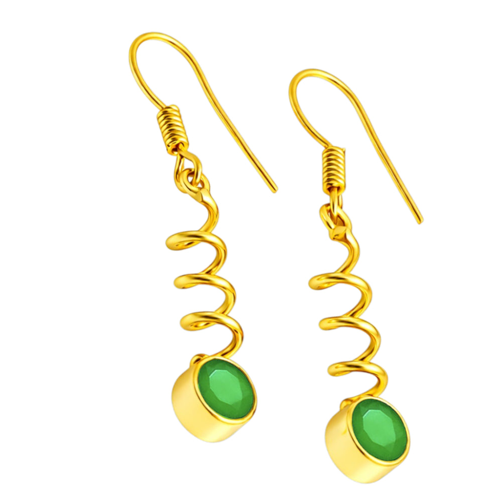 Premium 18K Gold Plated Spiral Wave White Zircon, Green Onyx, Red Garnet Stone Dangle Earrings BIE1019