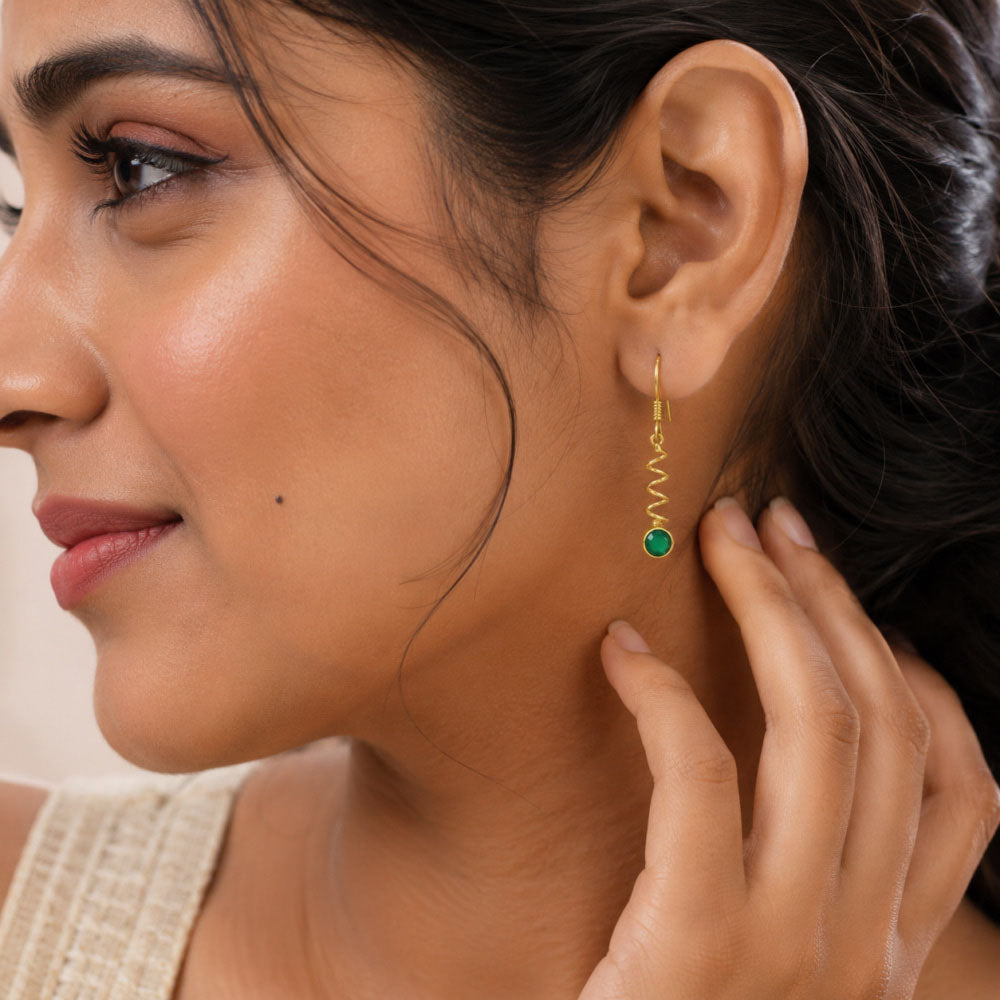 Premium 18K Gold Plated Spiral Wave White Zircon, Green Onyx, Red Garnet Stone Dangle Earrings BIE1019