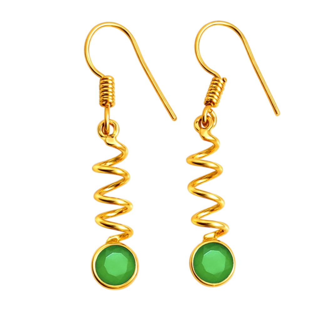 Premium 18K Gold Plated Spiral Wave White Zircon, Green Onyx, Red Garnet Stone Dangle Earrings BIE1019
