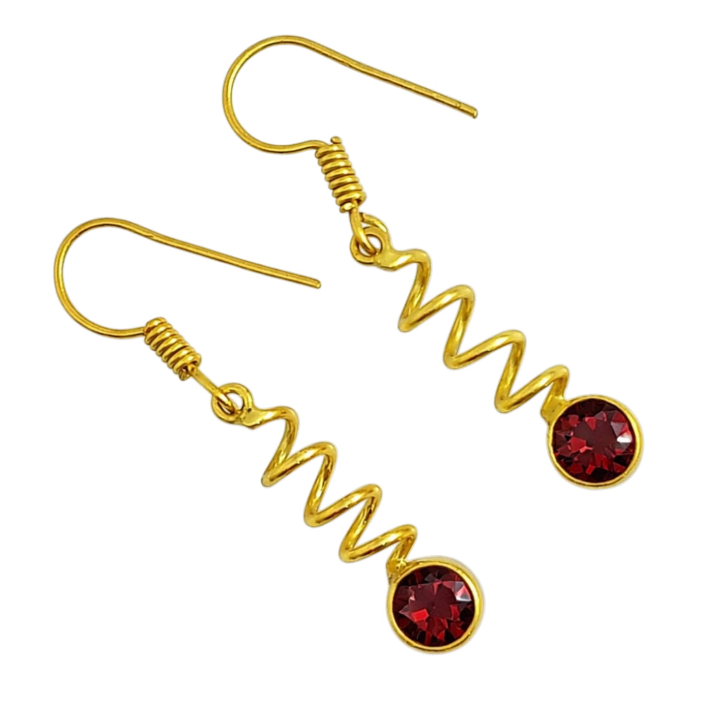 Premium 18K Gold Plated Spiral Wave White Zircon, Green Onyx, Red Garnet Stone Dangle Earrings BIE1019
