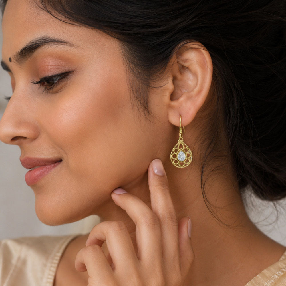 Designer 18K Gold Plated White Zircon, Green Onyx, Red Garnet Teardrop Dangle Earrings for Women & Girls BIE1020