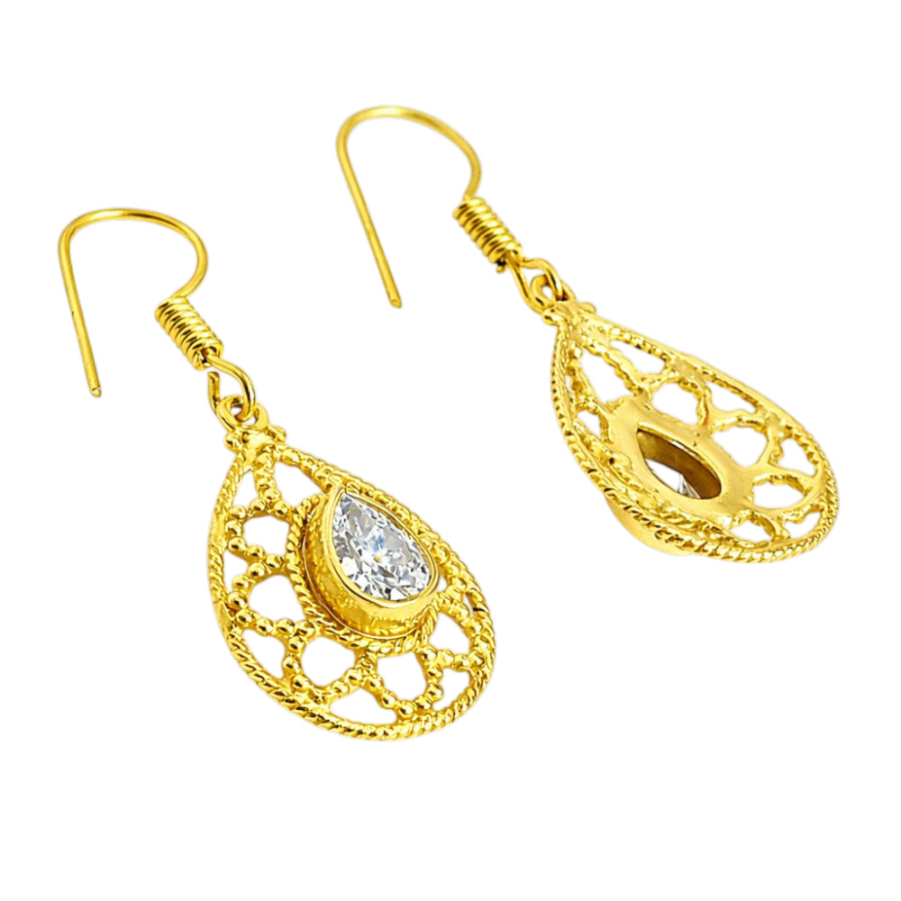 Designer 18K Gold Plated White Zircon, Green Onyx, Red Garnet Teardrop Dangle Earrings for Women & Girls BIE1020