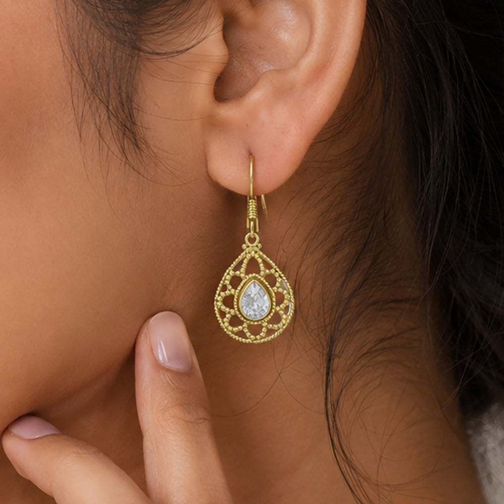 Designer 18K Gold Plated White Zircon, Green Onyx, Red Garnet Teardrop Dangle Earrings for Women & Girls BIE1020