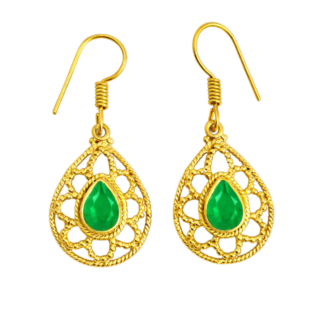 Designer 18K Gold Plated White Zircon, Green Onyx, Red Garnet Teardrop Dangle Earrings for Women & Girls BIE1020