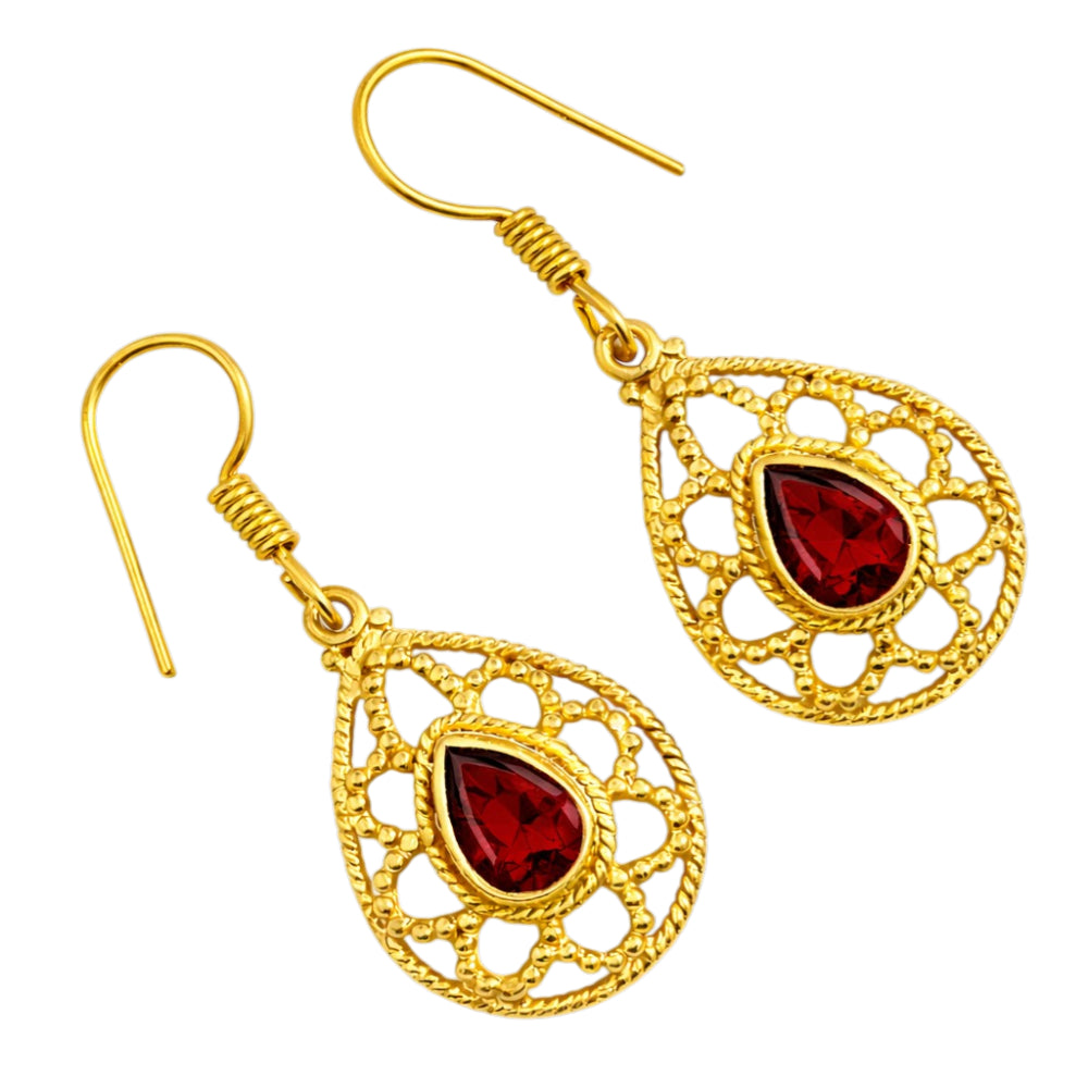 Designer 18K Gold Plated White Zircon, Green Onyx, Red Garnet Teardrop Dangle Earrings for Women & Girls BIE1020