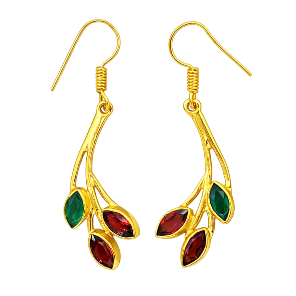 Trendy 18K Gold Plated Red Green & White Stone Leaf Drop Earrings for Women & Girls BIE1021